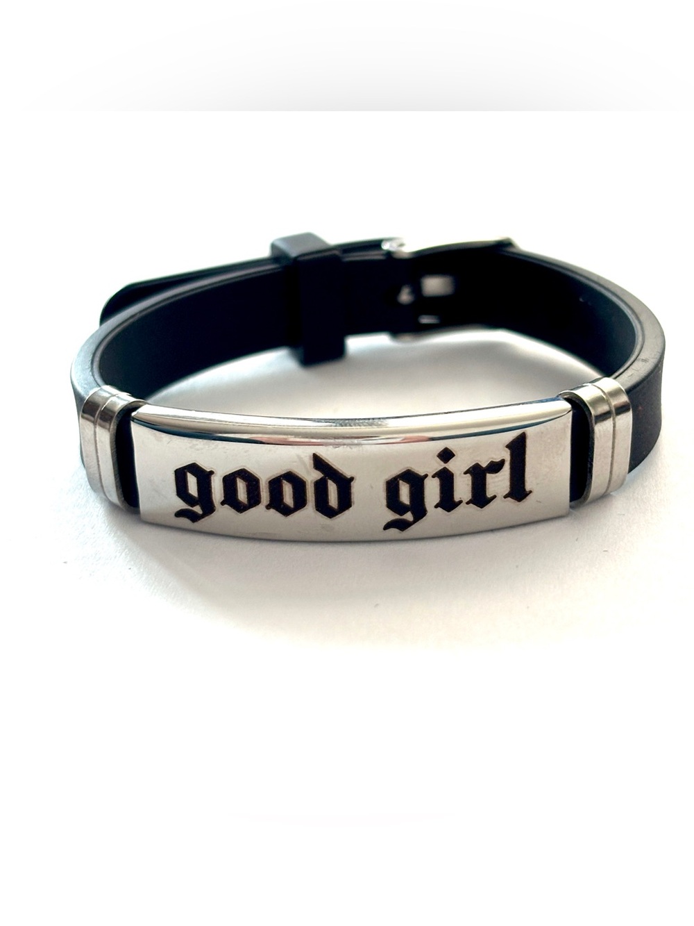 Good Girl Engraved Black Silicone Bracelet, NWT